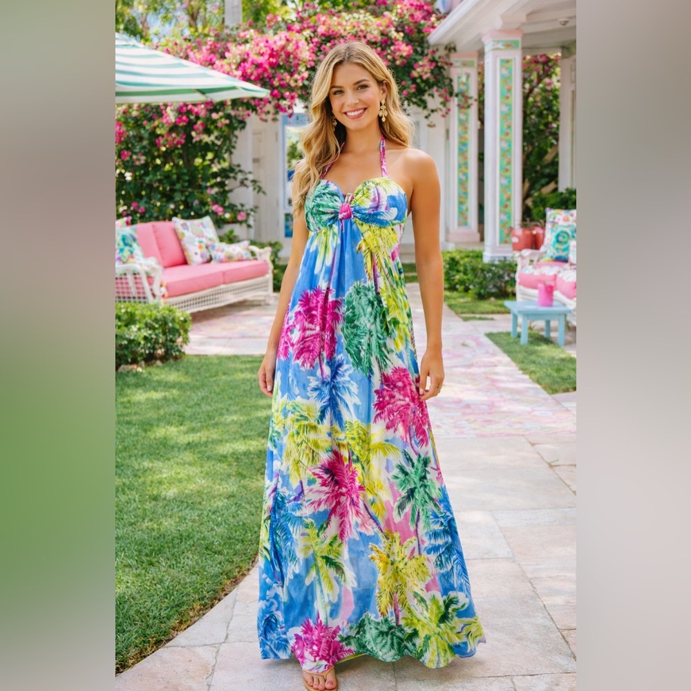 Tropical Maxi Dress S Palm Print Resort Halter Padded Boho Beach Vacay